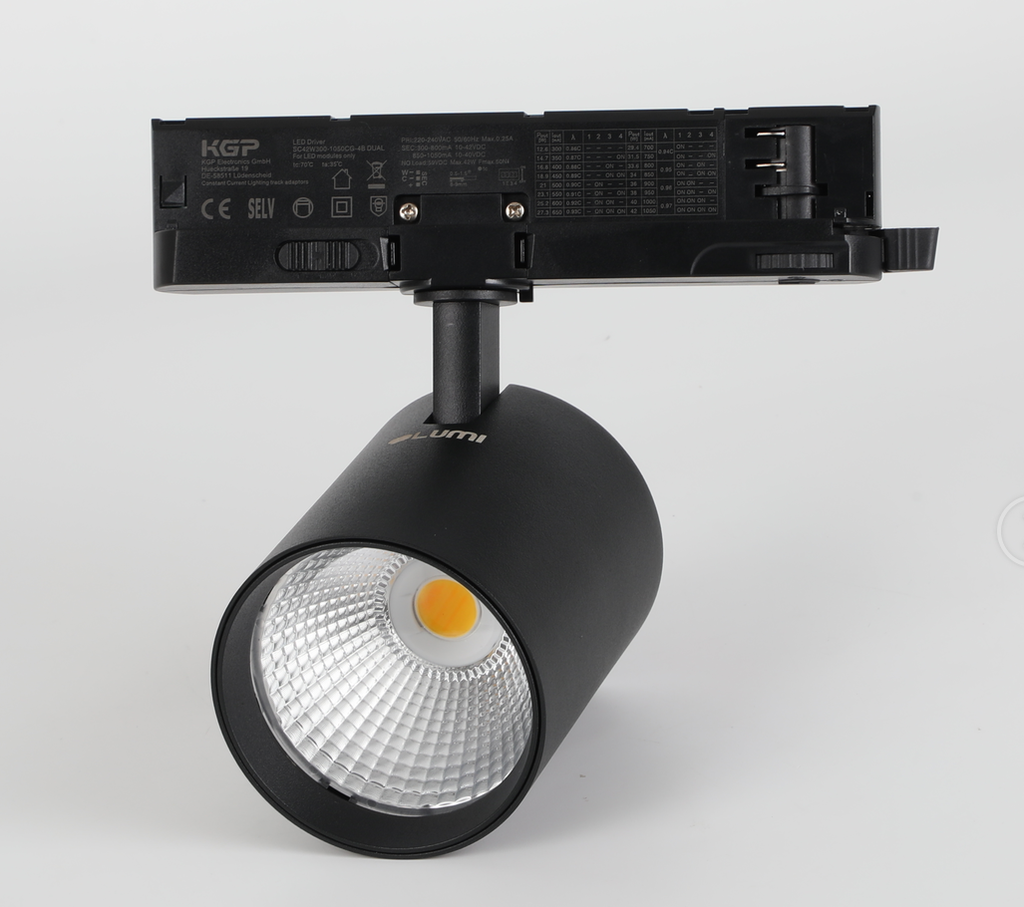 Frecia 30 - Luminaria LED proyector de enfoque para Riel Trifásico, 30W, 2800lm, Ra>95, CCT Seleccionable 3000K, 3500K, 4000K, 36°