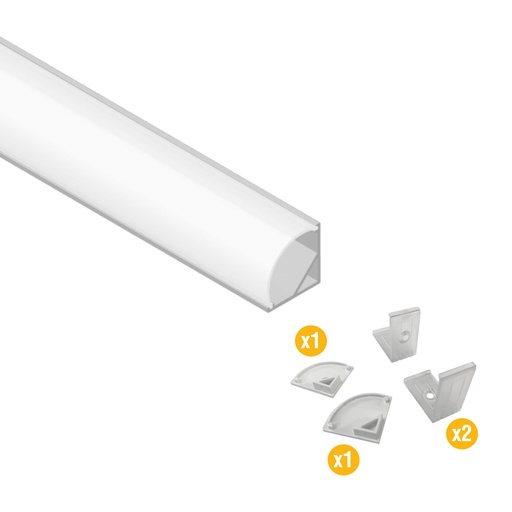 [A1616-3] Perfil de Aluminio Esquinero con difusor curvo para Cinta LED, 3m Incluye Tapas y Clips de Fijación