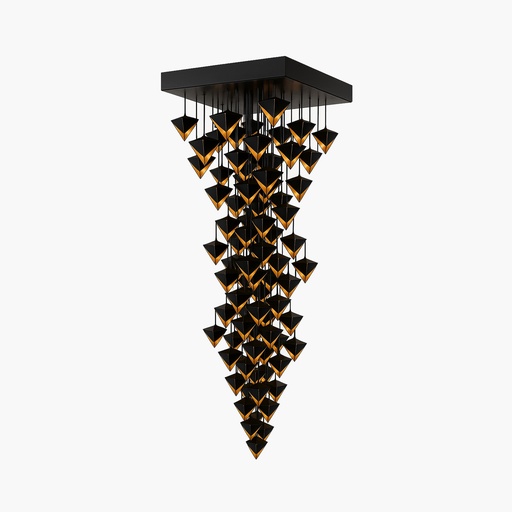 [MP251110510-76] Origami - Luminaria decorativa suspendida monumental. 76 portalámparas E14 cubiertos por volúmenes de acero plegados, suspendidos en una estructura de base 170x168 cm y largo 817 cm. 